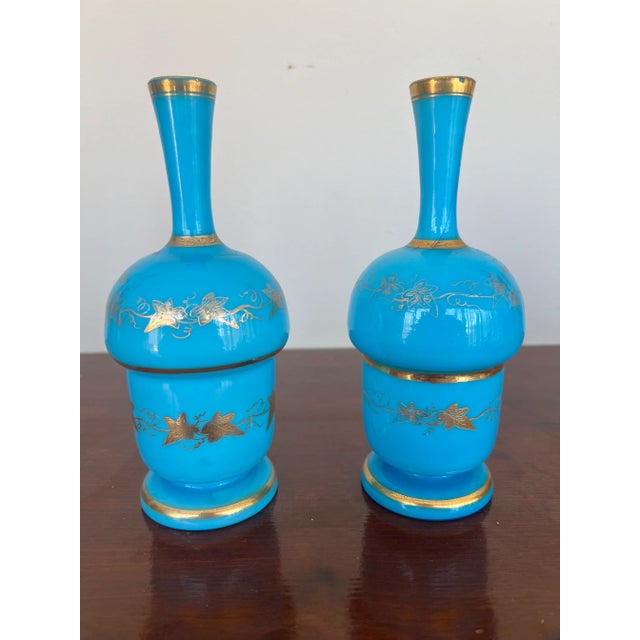 1930s Pair, French Opaline & Gilt Decorated Vases For Sale - Image 5 of 9