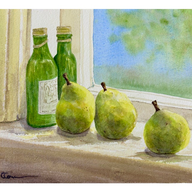 French Country Original Watercolor Painting on Paper of “Tiny Bottles and Pears” For Sale - Image 3 of 8
