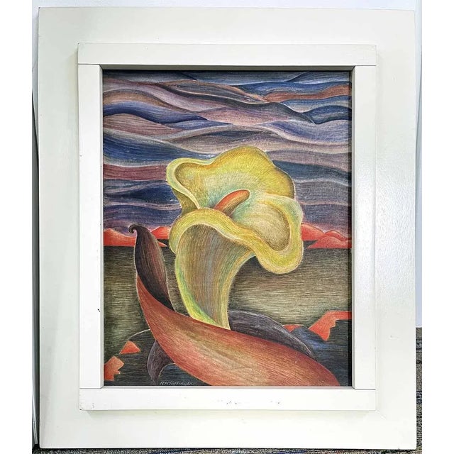 A striking and richly-hued example of American Scene painting, this depiction of a yellow calla lily framed by undulating...