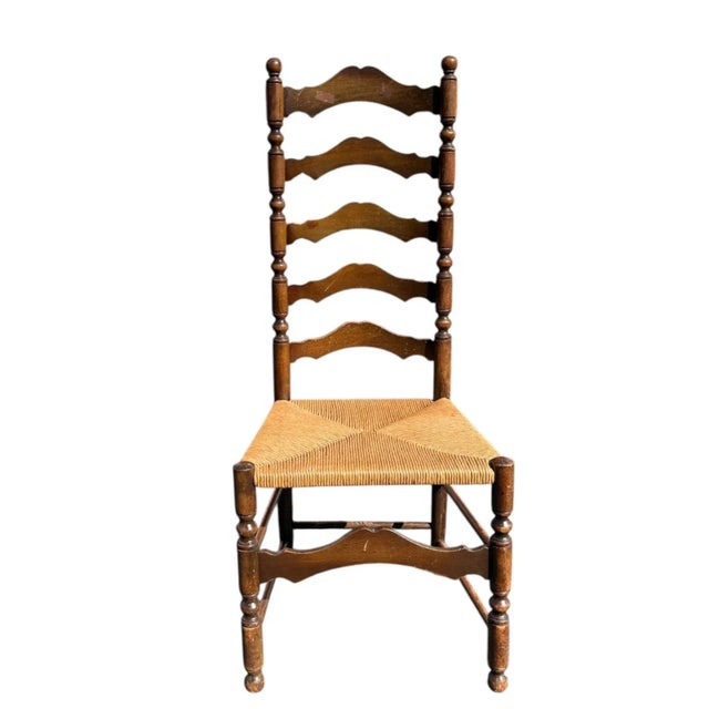 Brown English Ladder Back Accent Chair With Rush Seat For Sale - Image 8 of 9