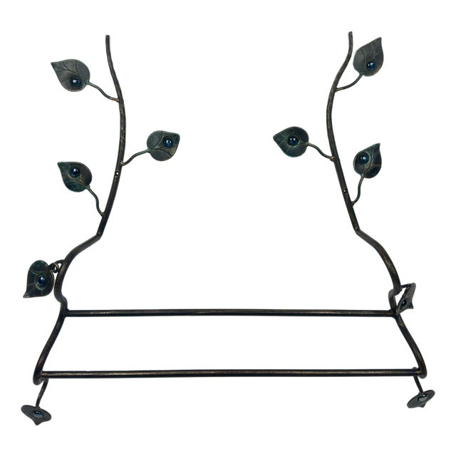 Hand Forged Iron Wall Towel Rack (82cm) Antique Copper Branch Design with Glass Bead Leaves For Sale