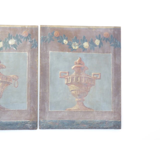 18th Century French paintings of urns on linen, screen fragments, 33"H x 21"W.