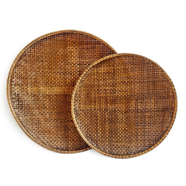 Vintage Bamboo Woven Round Basket Tray Medium For Sale In Los Angeles - Image 6 of 8