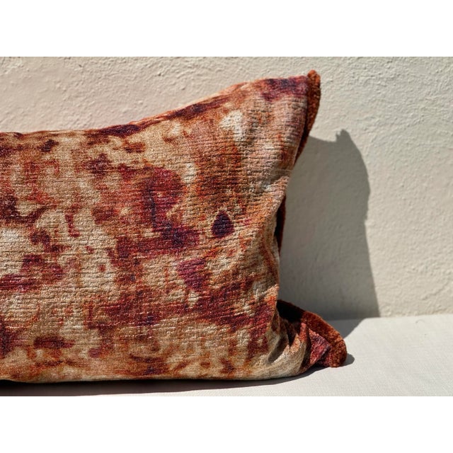 Bespoke Accent Pillow: Sumptuous Orange/Terracotta “Tie- Dyed” Slub Boucle Velvet Xlong Pillow W/Silk Triple Ply Moss Fringe/ 50/50 Down All New For Sale - Image 4 of 12