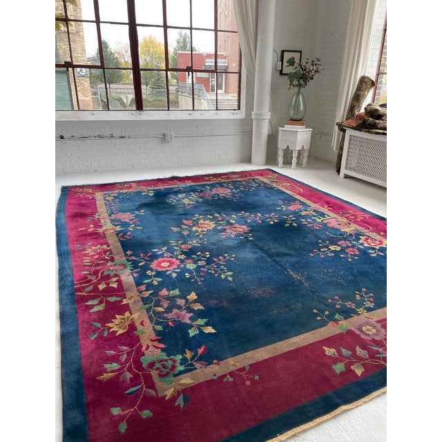 Antique Art Deco Asian Botanical Garden Magenta Rug 9.2 x 11.8 For Sale - Image 9 of 15