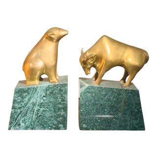1960s Vintage Bear and Bull Brass Bookends- A Pair For Sale