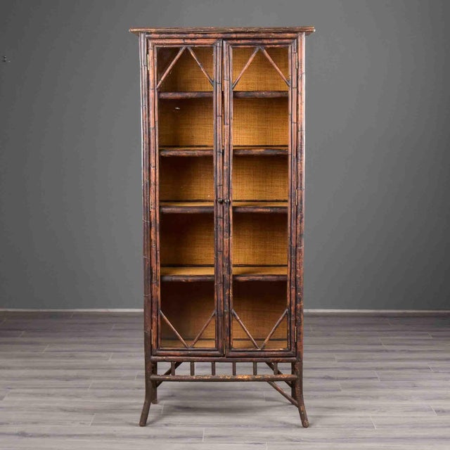 Traditional English Aesthetic Movement Tall Glass Front Bamboo Cabinet For Sale - Image 3 of 12