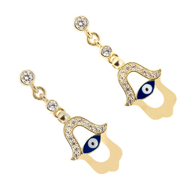 Blue Enamel Evil Eye Gold Plated Hamsa Earrings, A Pair For Sale - Image 4 of 7