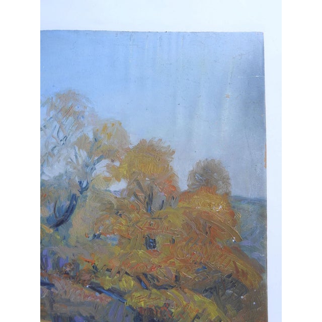 Vintage circa 1930's oil on wood panel landscape painting. Unsigned. Unframed, some surface wear, panel separation along...