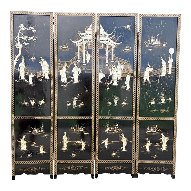 Chinese Hand Painted and Mother of Pearl Room Divider/Screen - 4 Panels For Sale