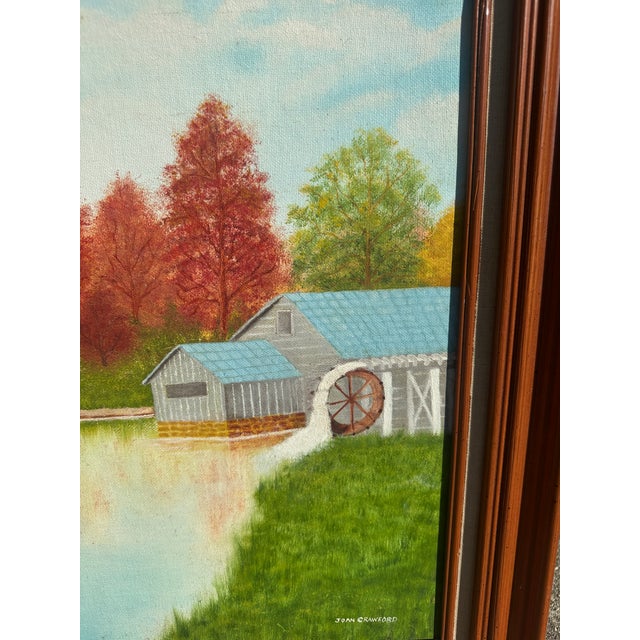 1990s Watermill and Colorful Foliage Landscape Painting on Canvas, Signed by the Artist, Framed For Sale - Image 4 of 8
