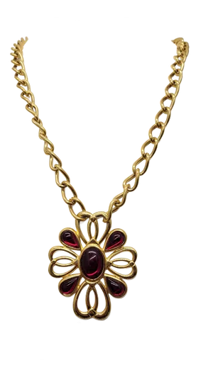 Vintage 1989 Signed Napier Goldtone Cabochon Faux-Garnet Pendant Necklace
