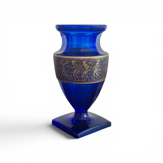 Cobalt Saphir Glass Pieces with Acid-Etched Gilt Classical Frieze by Karlsbad Karlovy Vary and Ludwig Moser & Sons, Czechoslovakia, 1920s, Set of 2 For Sale - Image 3 of 10