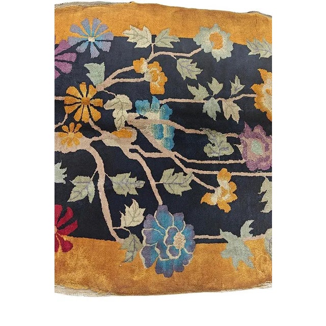 1920s Black Floral Antique Chinese Art Deco Rug 4'2"x6'10" Oval Handknotted Wool Carpet For Sale - Image 4 of 11