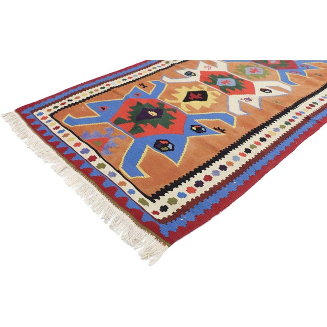 Vintage Persian Shiraz Kilim Rug with Tribal Style 03'04 x 05'08. With its bold expressive design, incredible detail and...