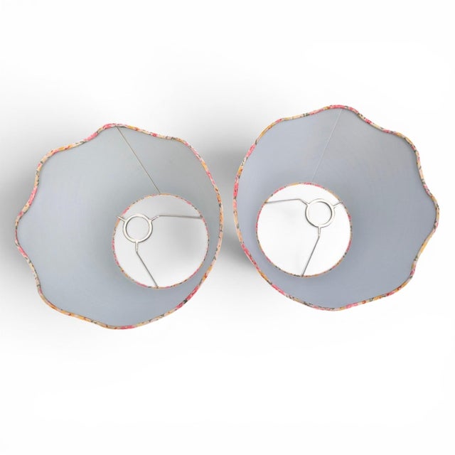 Textile Scalloped Raffia Ditzy Floral Trim Lamp Shades- A Pair For Sale - Image 7 of 9
