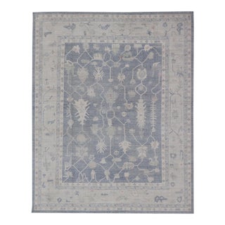 Modern Oushak Rug in Denim Blue and Ivory With Contemporary Botanical Motifs For Sale