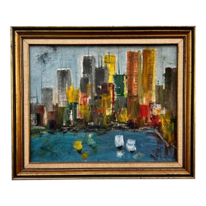 Vintage Mid Century Modern Cityscape Oil Painting by M. Baker Signed and Framed