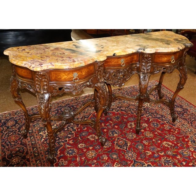 French Louis XV Carved Walnut Inlaid Marble Top Buffet Sideboard Circa 1910 For Sale - Image 4 of 13