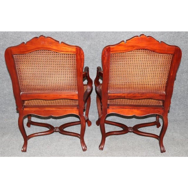 1960s Pair Louis XVI Style Cane Back Armchairs With Carved Stretcher Bases For Sale - Image 5 of 15