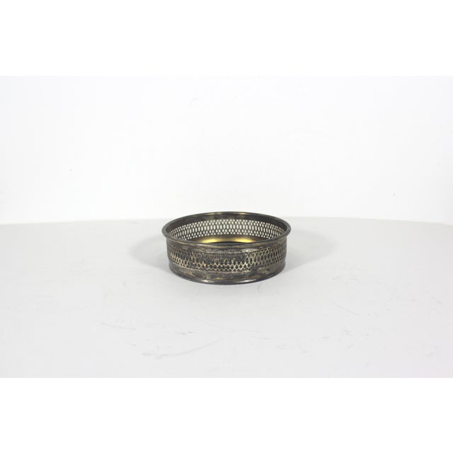French Vintage Italian Silver Plated Wine Coaster With Faux Wood Base and Pierced Sides, Bottle Holder, Entertaining Style, Patina For Sale - Image 3 of 11