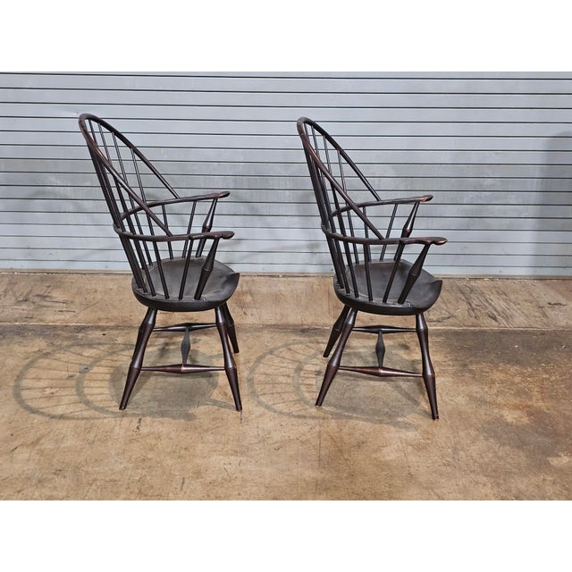 Late 20th Century Late 20th Century Pair of d.r. Dimes Sack Back Windsor Arm Chairs Bench Made Black Crackle Finish For Sale - Image 5 of 9