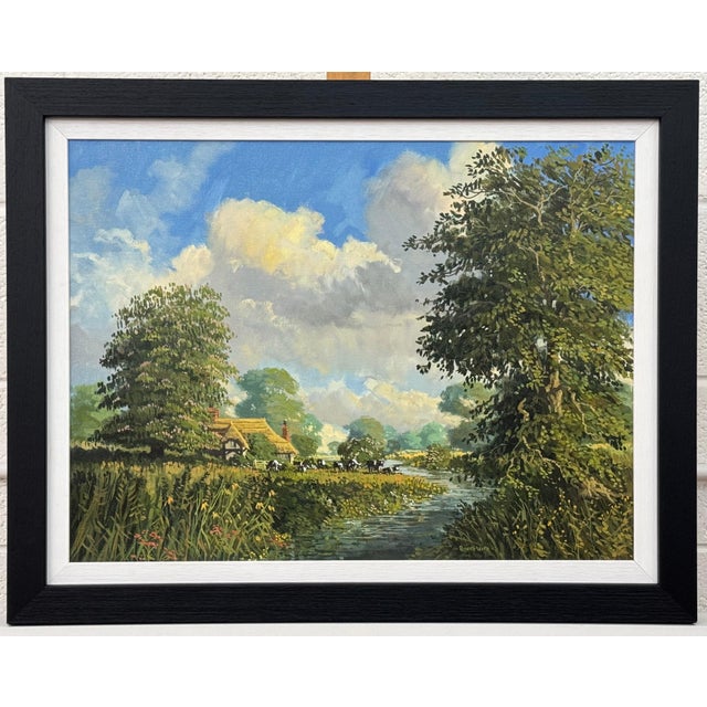 Textile English Countryside Oil Painting with Thatched Cottage, River & Cows Grazing 1985 Circa For Sale - Image 7 of 15