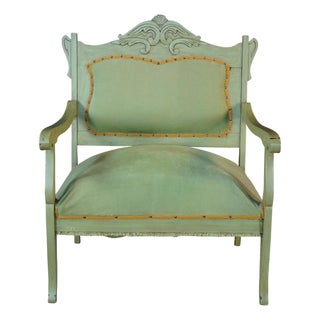Antique Victorian French Country Louis XV Style Green Painted Settee Bench For Sale