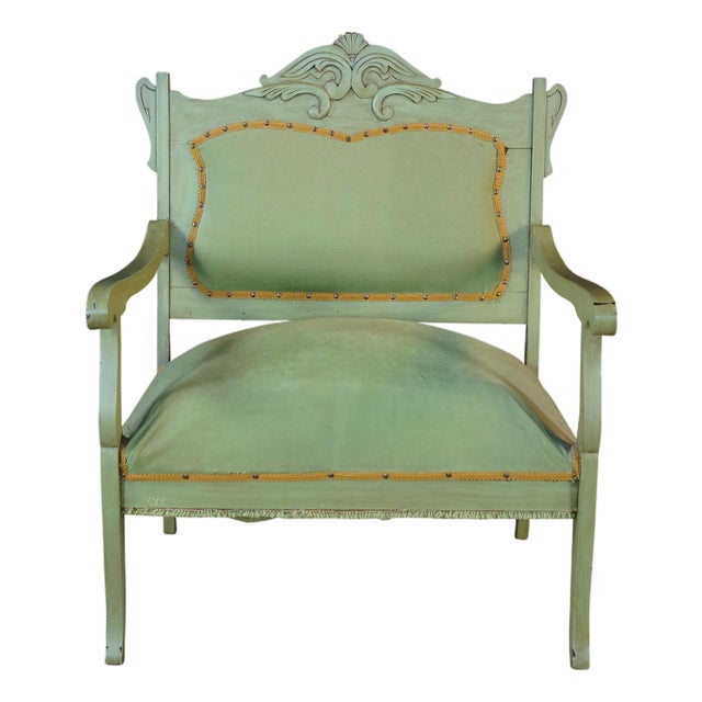 Antique Victorian French Country Louis XV Style Green Painted Settee Bench For Sale