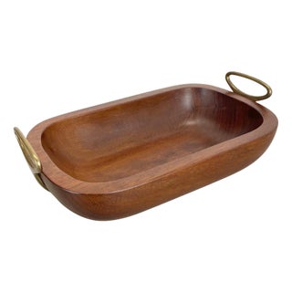 Large Brutalist Teak Bowl with Brass Handles from Carl Auböck, Austria, 1950s For Sale