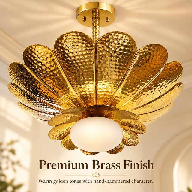Handmade Brass Flower Chandelier, Hammered Lotus Ceiling Light, Antique Brass Floral Pendant, Art Deco Luxury Ceiling Fixture 28 Inches For Sale - Image 6 of 14