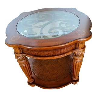 Antique Center Side Table—round, With Glass and Bronze Ornamentation, Coffee-Brown Color. For Sale