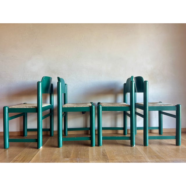 1970s Mid Century Green Padova Chairs With Striated Woven Rush Seats Attributed to Hank Lowenstein For Sale - Image 12 of 15