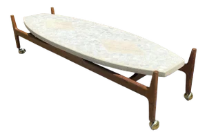 Mid Century Modern Surfboard Coffee Table in Terrazzo Marble and Travertine + Wood | in the Style of Harvey Probber