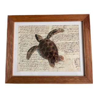 Vintage Sea Turtle Script Art Print in Fluted Wooden Frame For Sale