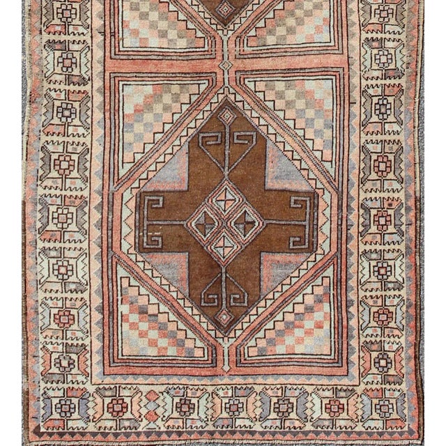 Tribal Multicolored Vintage Long Turkish Oushak Runner With Cross Shapes Design For Sale - Image 3 of 10