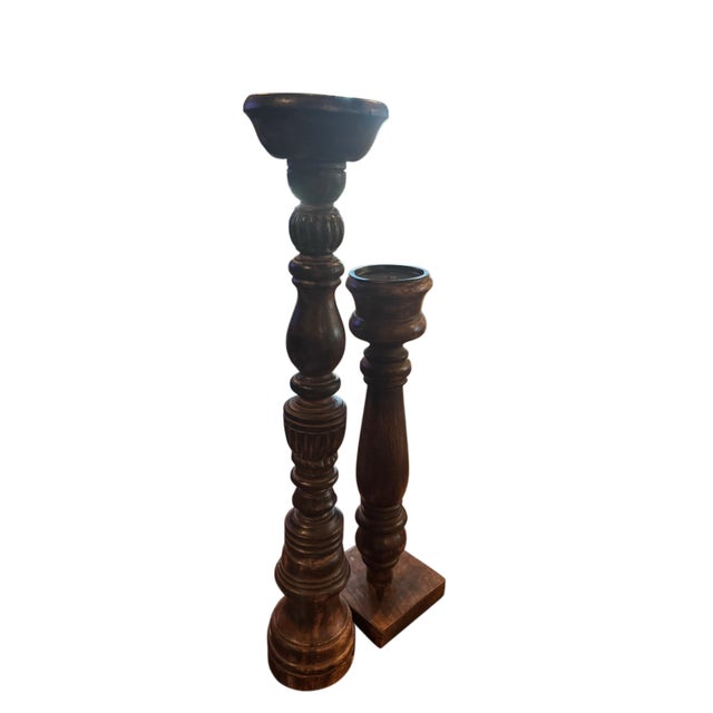 Rustic European Pair of Oversized Hand-Turned Rustic Wood Candlesticks, 25” & 19” For Sale - Image 3 of 8
