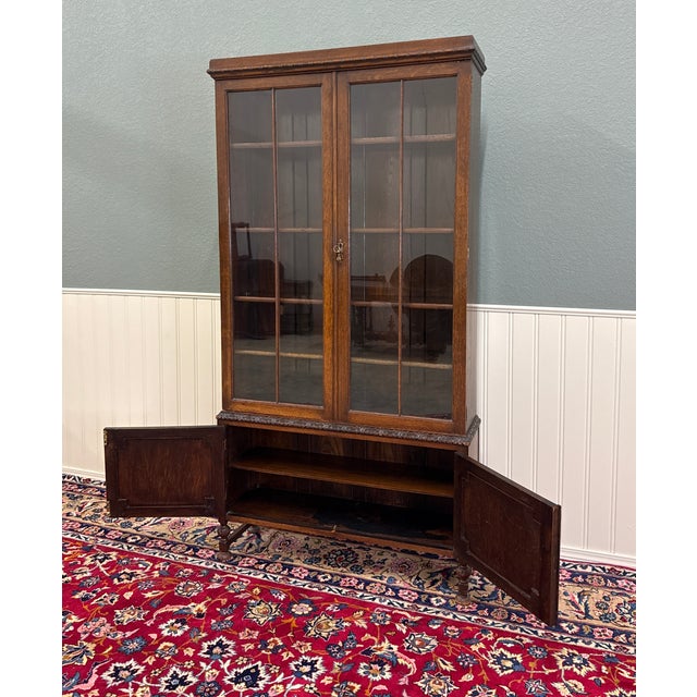 Brown Antique English Jacobean Bookcase Bookshelf Cabinet Double Door Oak c.1930s For Sale - Image 8 of 17