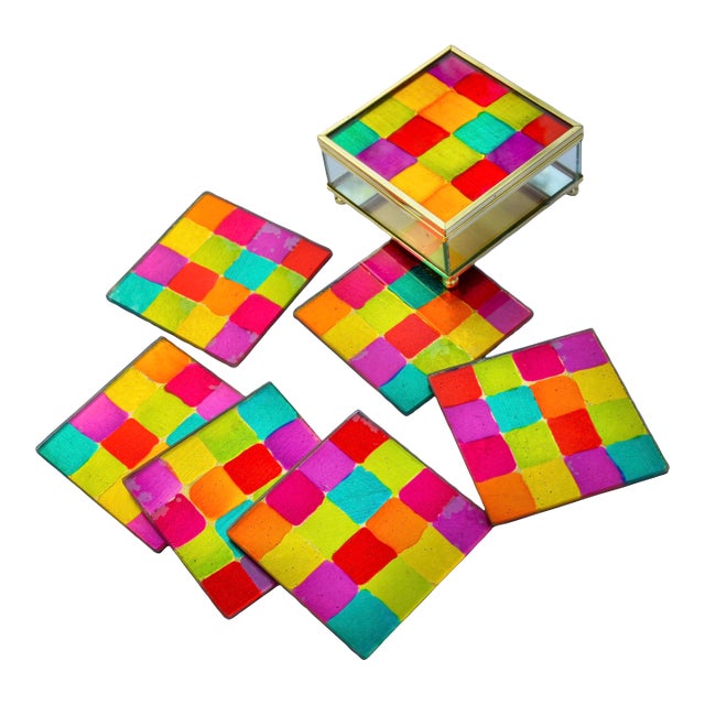 Mid 20th Century Handmade Colorful Glass Coasters With Footed Box Set- 7 Pieces For Sale
