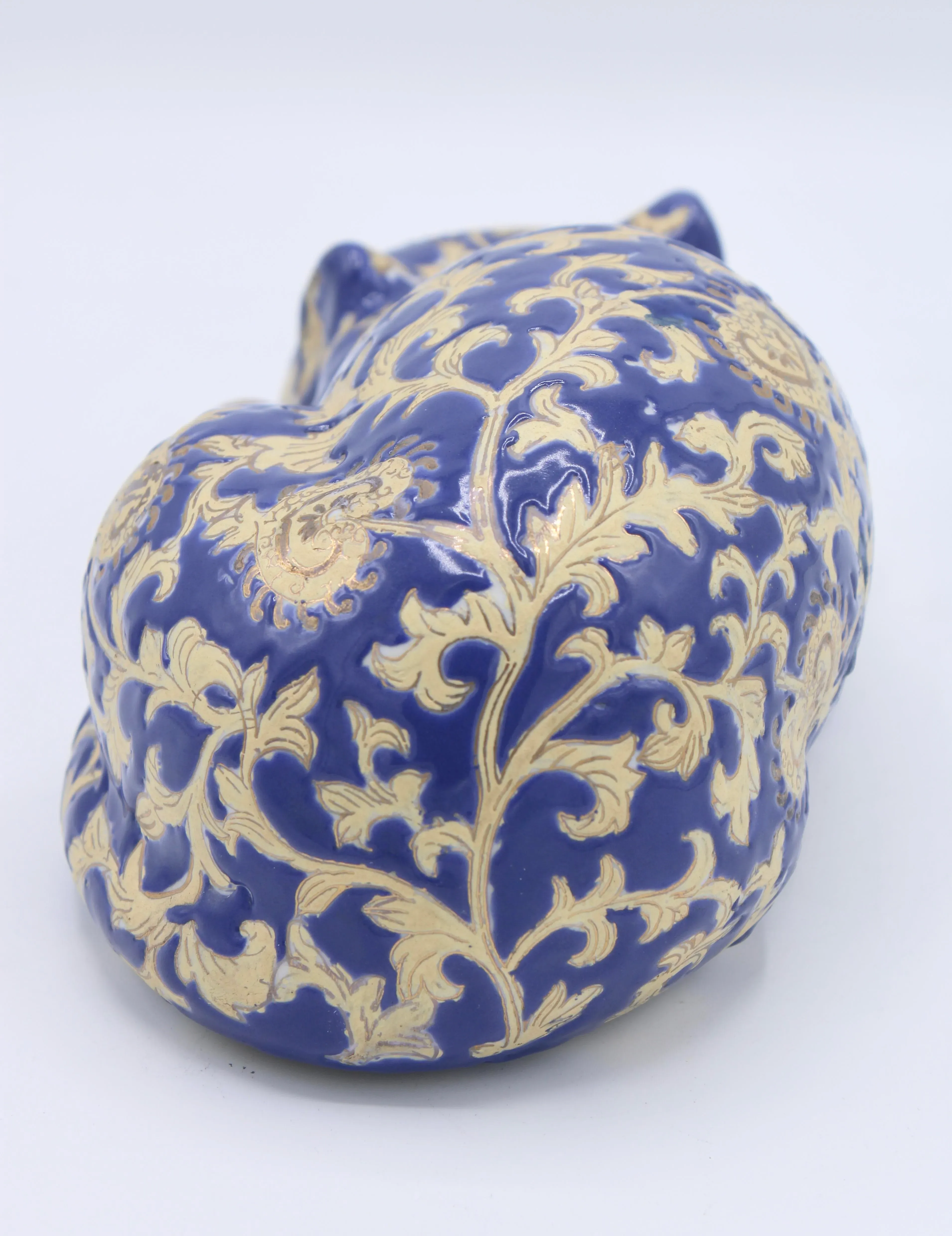 Vintage Asian Blue and Gold Ceramic Sleeping Cat | Chairish