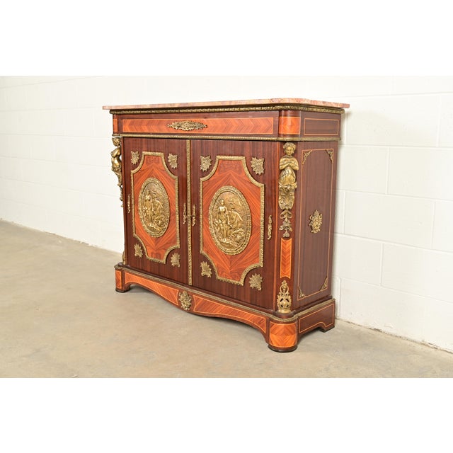 Paul Sormani Paul Sormani Style French Napoleon III Mahogany and Kingwood Marble Top Buffet Server or Bar Cabinet With Mounted Gilt Bronze Ormolu For Sale - Image 4 of 16