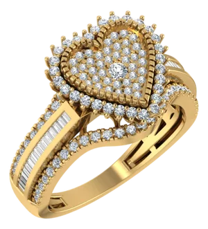 10K Yellow Gold Round Baguette Diamond Heart Shape Sz 7 Designer Ladies Ring 3/4 Cttw