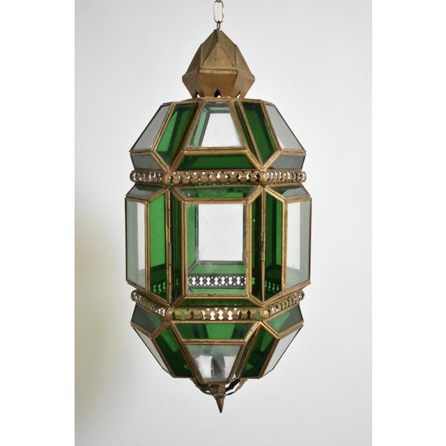 Brass and Green Glass Lantern Ceiling Lamp, 1970s For Sale - Image 3 of 5