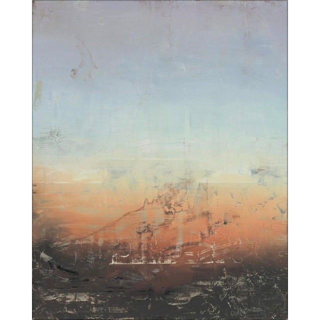 This oil painting presents a blurred vista through a dirty window, capturing a gradient of soft hues that transition from...