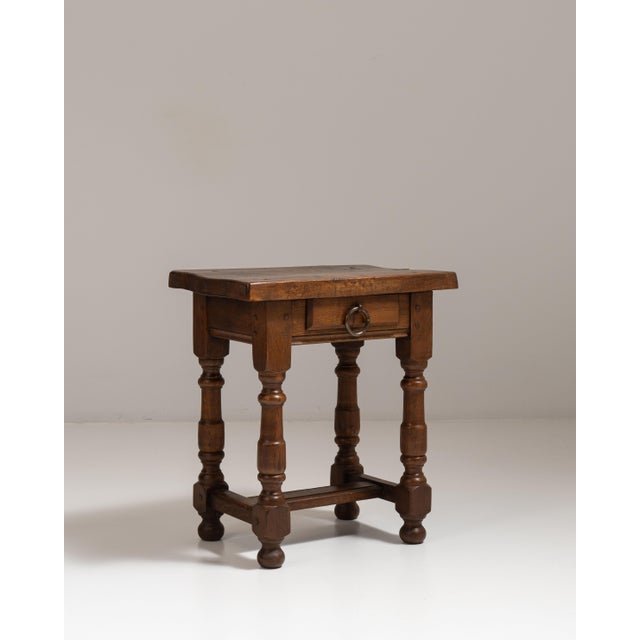 1970s French Chestnut Brown Oak Side Table with Single Drawer For Sale - Image 13 of 15