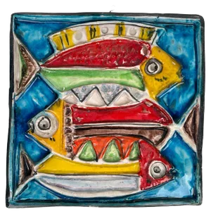 Squared Colored Ceramic Fish Tile Plate by Giovanni De Simone, Italy, 1960s