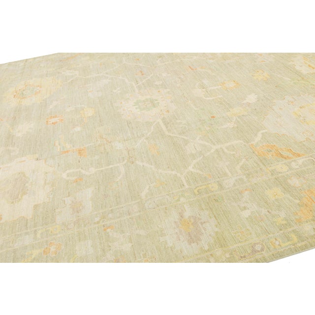 Modern Oushak Style Hand-Knotted Wool Rug Muted Sage & Apricot Floral Design For Sale - Image 9 of 11