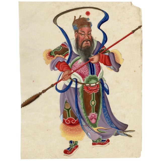 Canton School Artist, Taoist Warrior Deity Guan Yu, 18th Century, Gouache Painting For Sale - Image 3 of 7