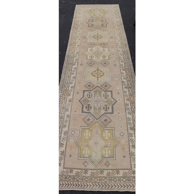Textile Antique Turkish Oushak Runner With Soft Gold and Celadon Geometric Medallions For Sale - Image 7 of 13