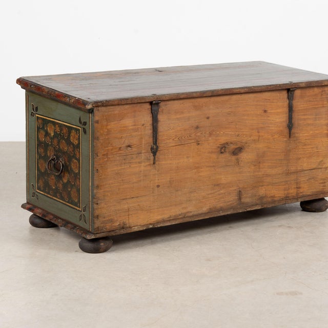 1836 Hungarian Original Hand-Painted Teal Flat Top Pine Trunk For Sale - Image 18 of 18